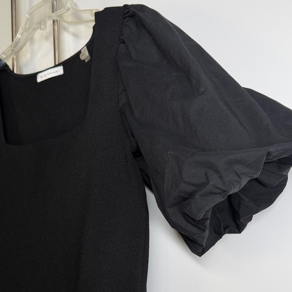 Elie Tahari Black Square Neck Puff Sleeve Midi Dress w/ Pockets